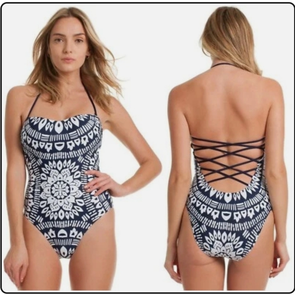 Trina Turk Navy & White Lace-Up Back One-Piece Swimsuit